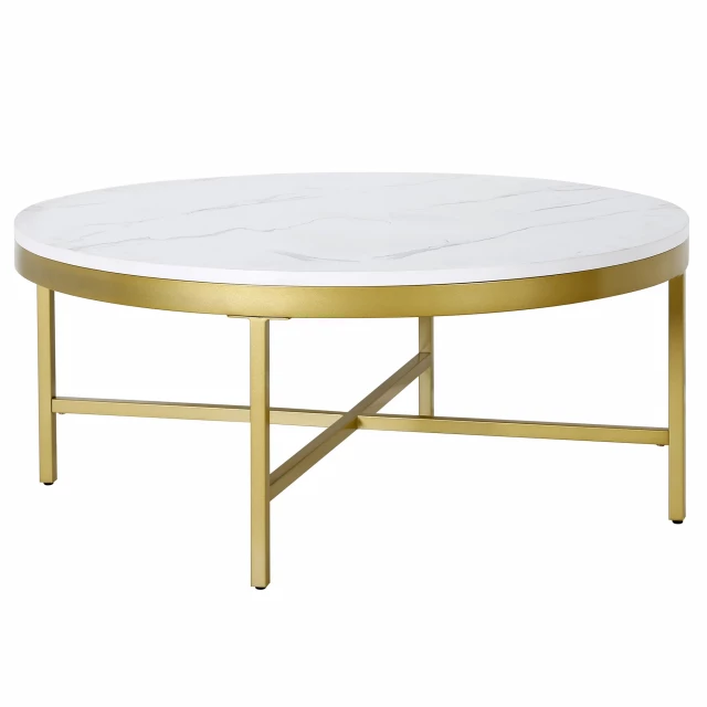 Round faux marble coffee table with steel frame for modern outdoor furniture aesthetic