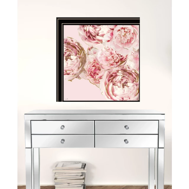Peonies black framed print wall art with flower design and elegant cabinetry