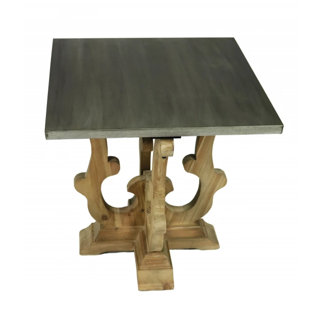 Metal solid wood square end table with art sculpture and hardwood details