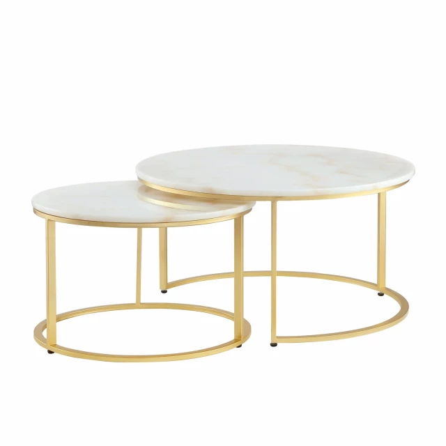Marble iron round nested coffee tables in a set with metal circle accents and outdoor furniture style