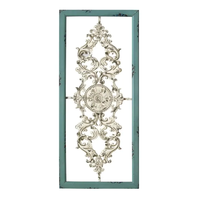 Distressed White And Turquoise Framed Scroll Metal Panel Distressed White And Turquoise Framed Scroll Metal Panel