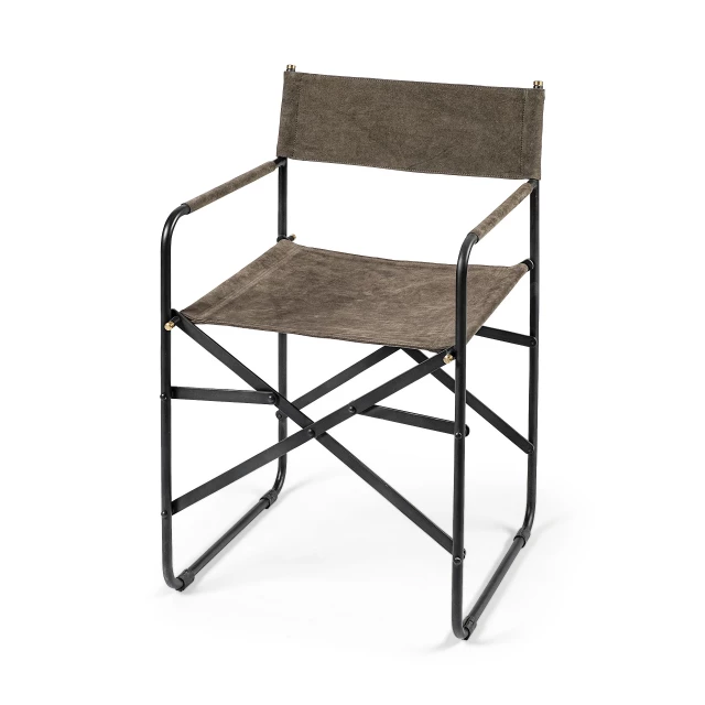 Leather black iron frame dining chair with armrests and wood pattern detail