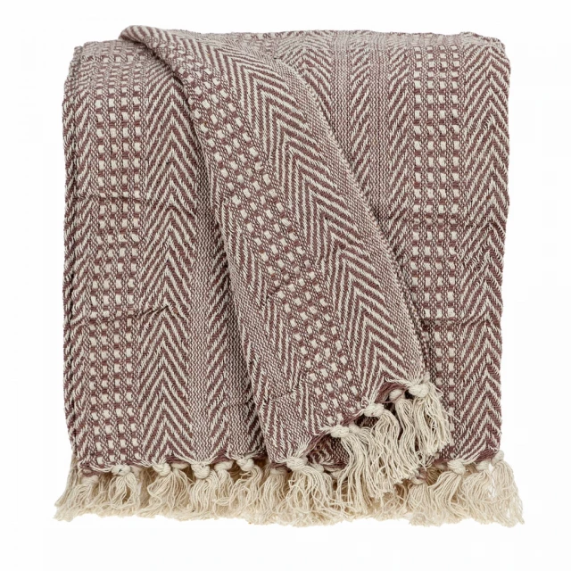 Brown beige woven herringbone handloomed throw featuring rectangle pattern and woolen motif fashion accessory