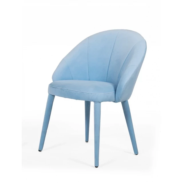 Blue fabric wrapped dining chair with natural and composite materials offering comfort and style