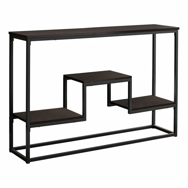 brown black frame console table storage with wood shelving and hardwood finish