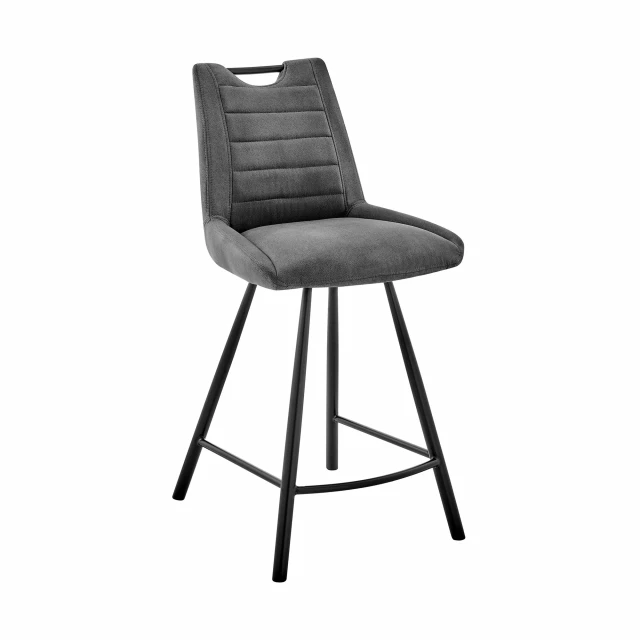 Black iron bar height chair with armrests and wood accents for comfortable seating