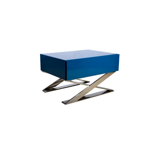Contemporary blue chrome night stand with electric blue art design and aluminium accents