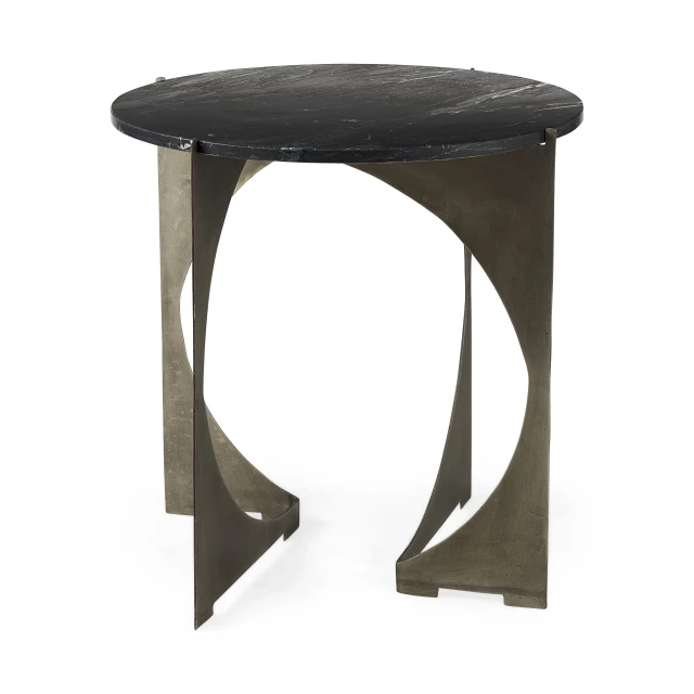 Black marble antiqued nickel side table with wood stain art detail