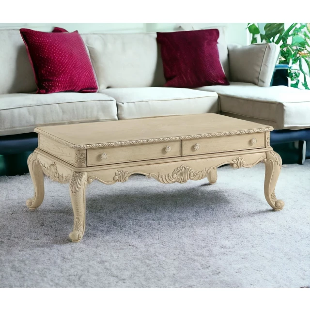 Solid manufactured wood coffee table with drawers and green rectangle tabletop