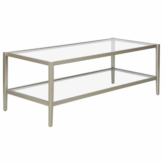 Silver glass steel coffee table with lower shelf and symmetrical metal and wood design