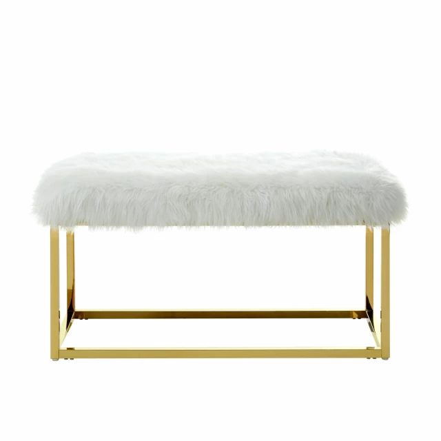 White gold upholstered faux fur bench with hardwood and metal details