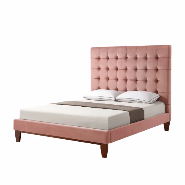 Queen size tufted upholstered velvet bed in a wood finish