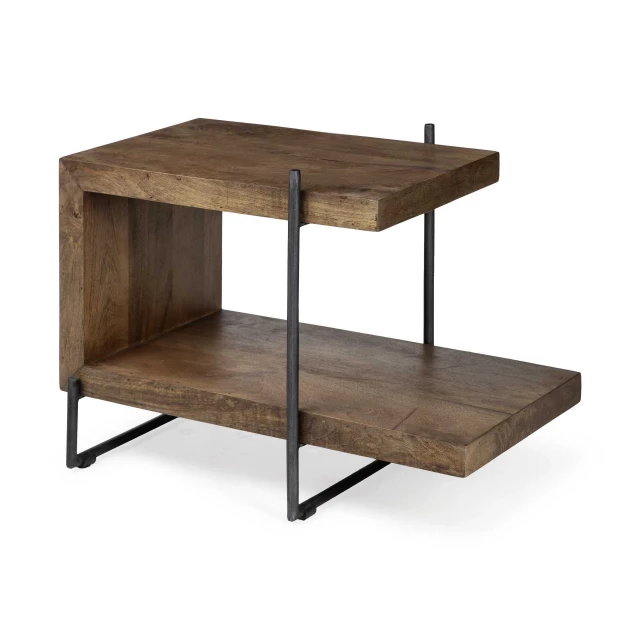 Shaped side table with extended storage shelf in hardwood and metal finish