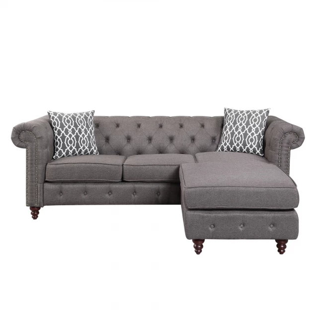 Brown linen L-shaped sofa chaise with hardwood legs and outdoor furniture style