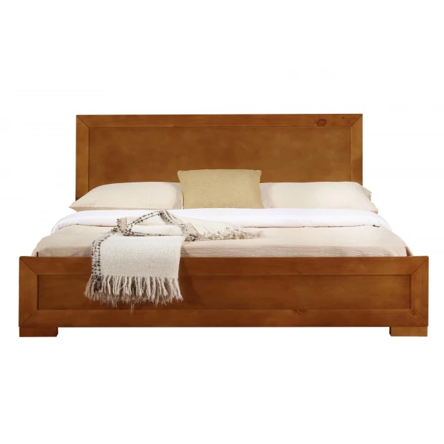 Oak wood king platform bed in a minimalist bedroom setting