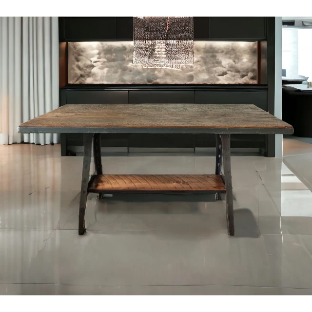 Wood steel sled base dining table in an interior design setting with wood flooring