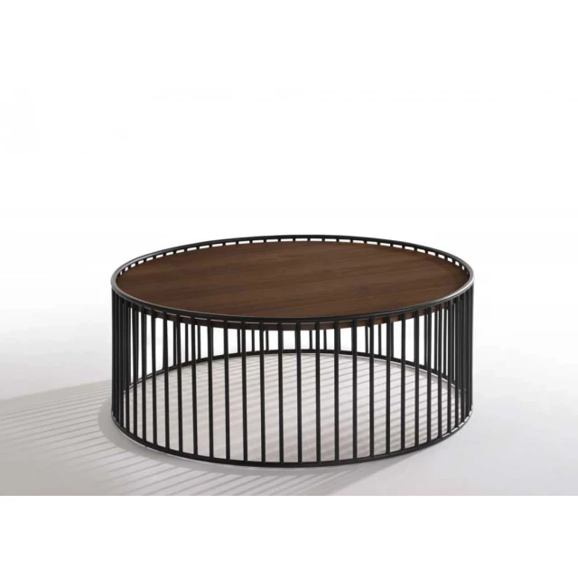 Black metal rods round coffee table with wood accents and cylindrical shape