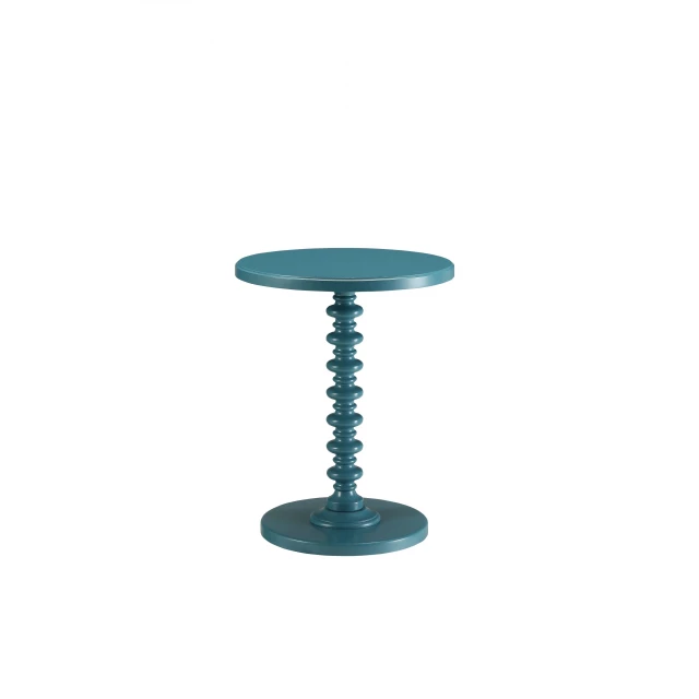 fun teal wood pedestal end table with art-inspired electric blue accents and glass drinkware setup