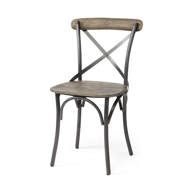 Gray wood cross back side chairs with hardwood and wood stain finish