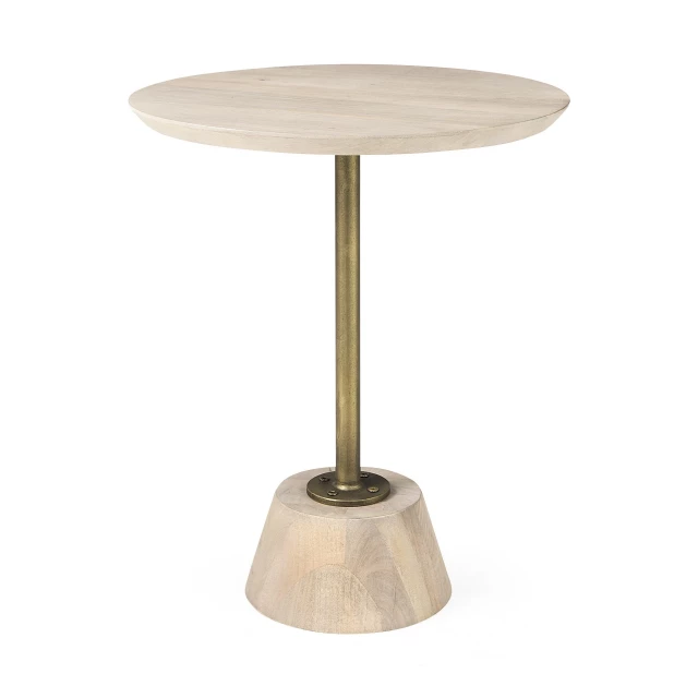 Light blond pedestal table with gold detailing and artistic wood elements