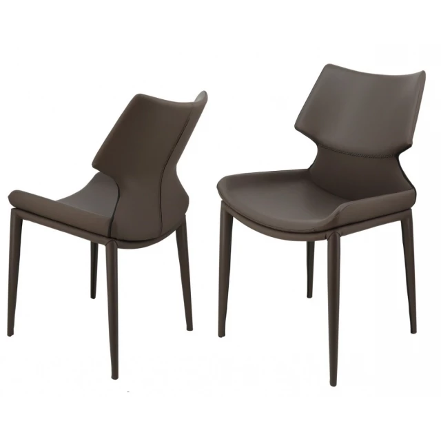 Gray faux leather wrapped dining chairs with wood armrests and comfortable seating