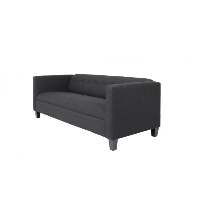 Black polyester sofa with comfortable armrests and magenta accents in a studio setting