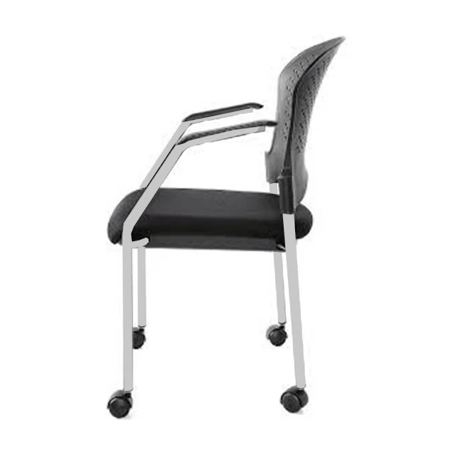 black white plastic rolling office chair with wheels armrests and metal parts