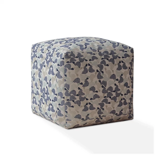 Beige cotton turtle pouf ottoman with comfortable rectangular design and wooden accents