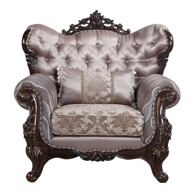 Antique oak floral tufted arm chair with comfortable armrests and metal details