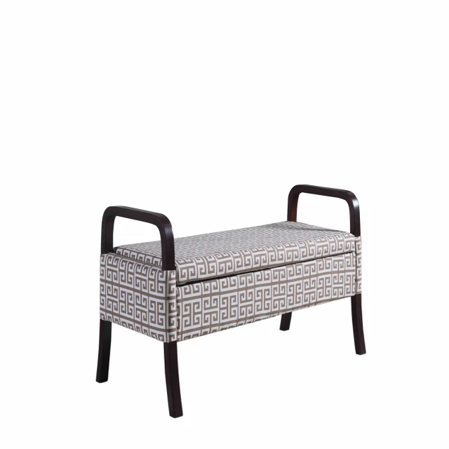 Upholstered polyester geometric entryway bench with armrests and hardwood legs