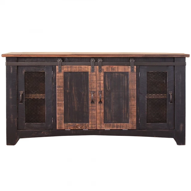 Distressed brown wooden TV stand with enclosed storage and hardwood finish