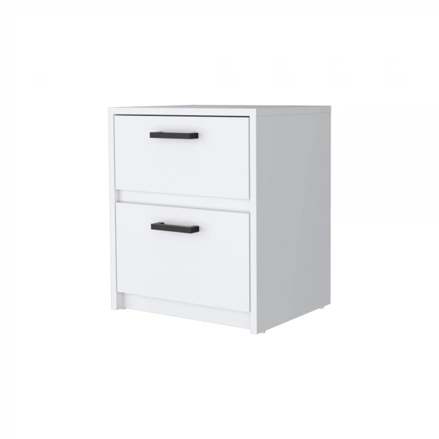White drawer nightstand with integrated technology features and natural material finish