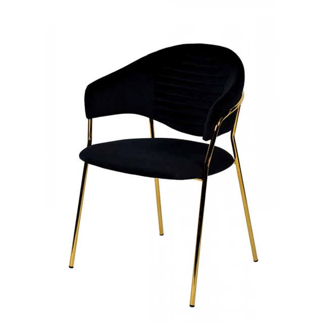 Black gold velvet modern dining chairs with wood armrests and metal details