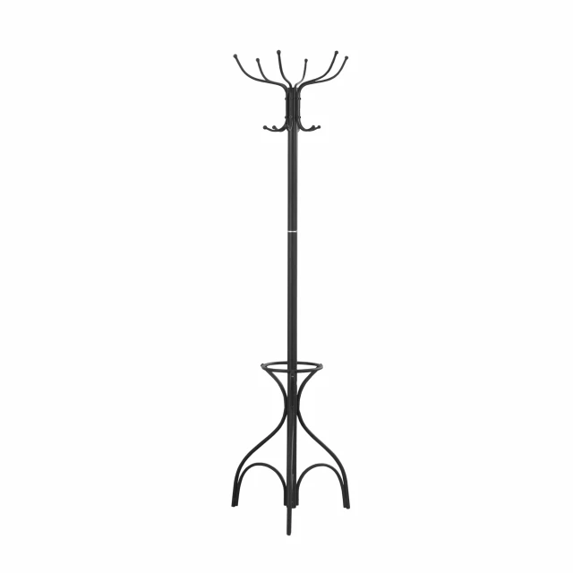 black metal coat rack with artistic design and fashion accessory elements