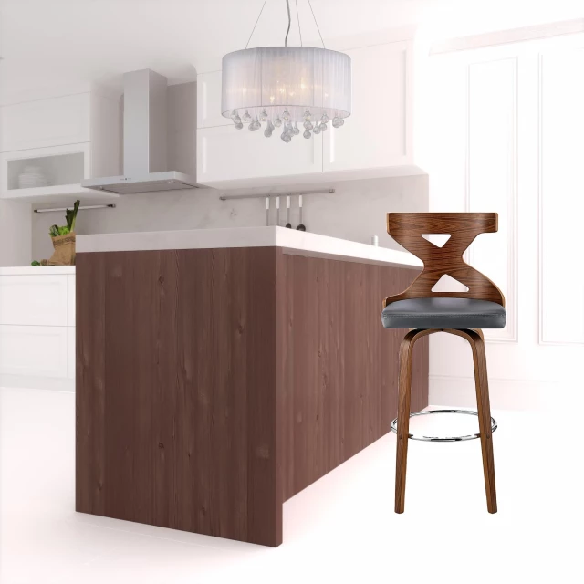 Wood swivel bar height chair with table and cabinetry details