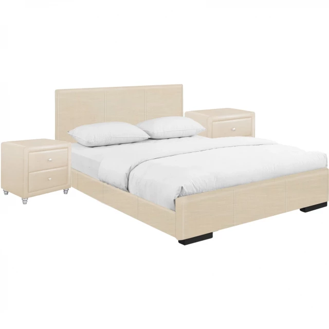 Wood beige standard bed with upholstered headboard in bedroom setting