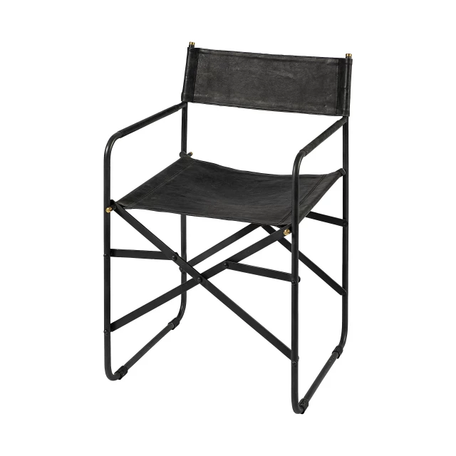 Leather black iron frame dining chair with armrests and wood accents for comfort and style