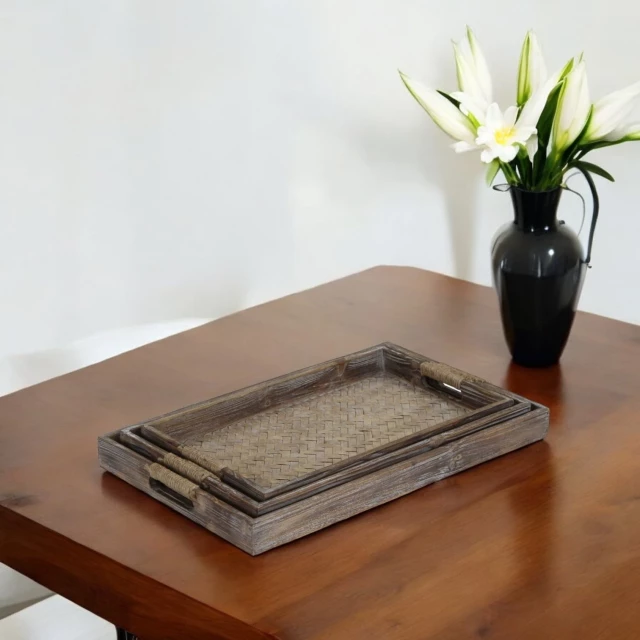 brown rectangular wood handmade trays with handles on table with plant and flowerpot