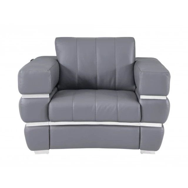 Gray stripe grade Italian leather chair with armrest and wood accents