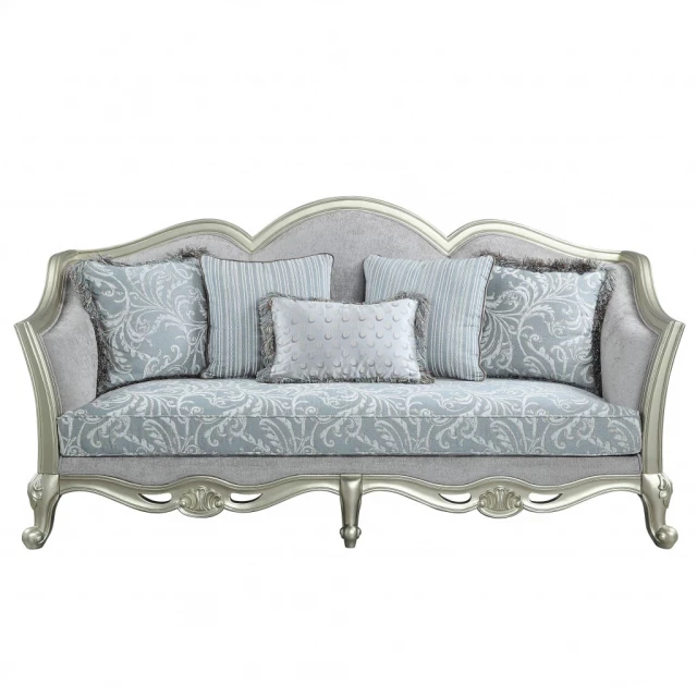 Gray champagne linen sofa with toss pillows and comfortable studio couch design for outdoor use