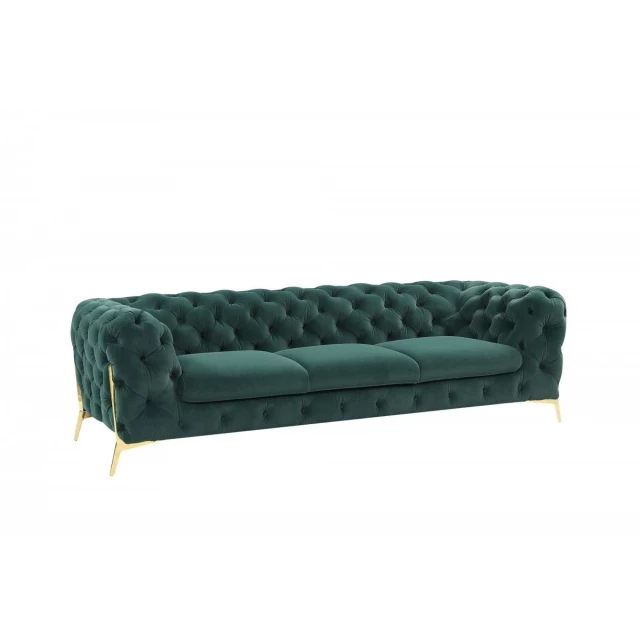 Glam green velvet gold accent sofa with comfortable studio couch design in furniture setting