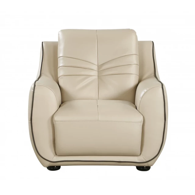 Beige elegant faux leather chair with armrests for comfortable seating in furniture setting