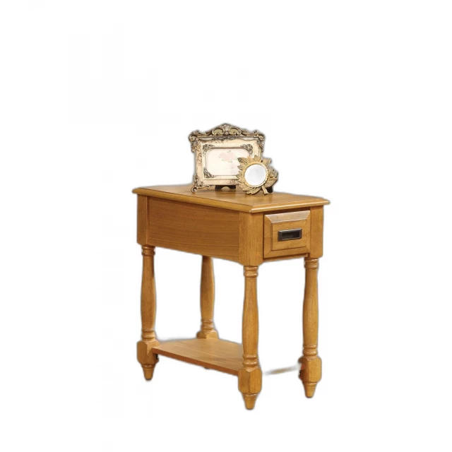 Light oak finish wood side table with metal accents in a still life setting