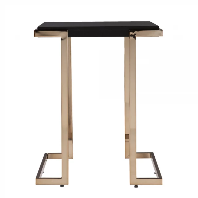 Black geometric metal square end table with wood stain finish