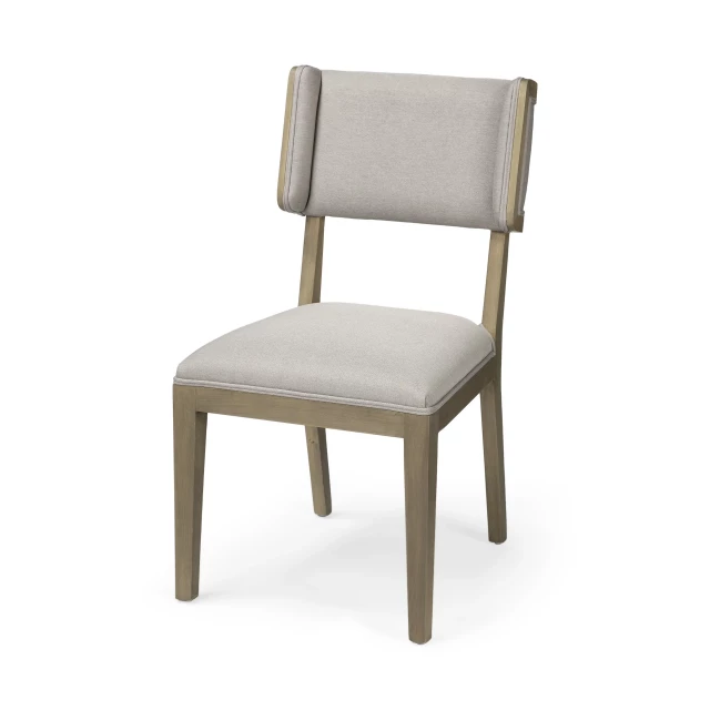 Upholstered fabric open back side chair with wood armrests and comfortable rectangle seat