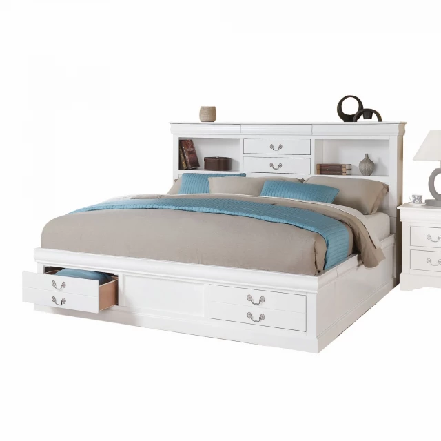 White wooden queen bed with storage drawers for modern bedroom decor