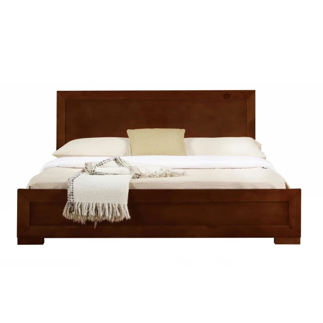Walnut wood full platform bed in a minimalist bedroom setting