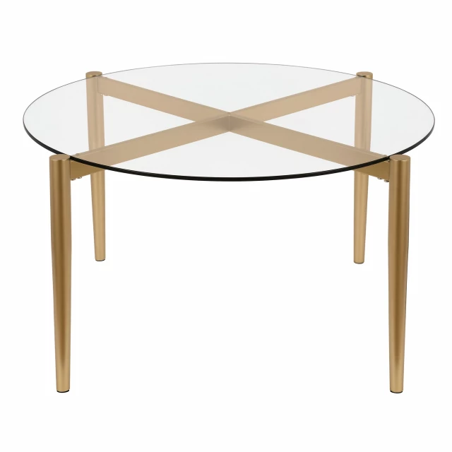 Gold glass steel round coffee table with wood stain finish and accompanying chairs.