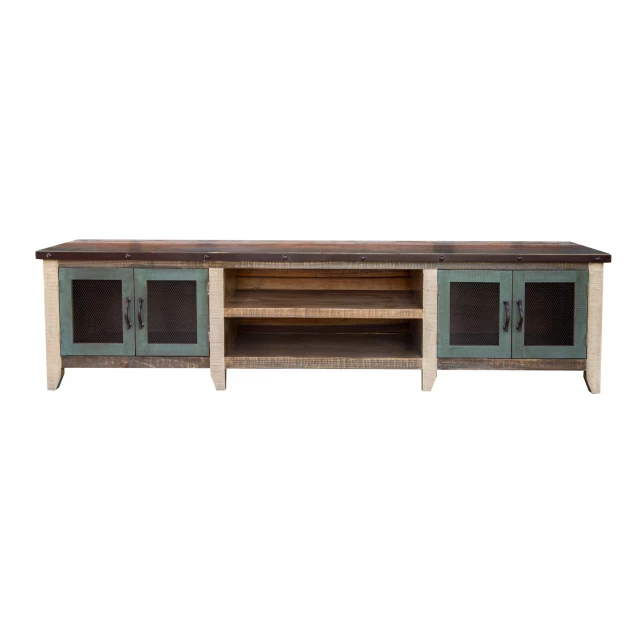 Distressed wood TV stand with enclosed cabinet storage and shelving