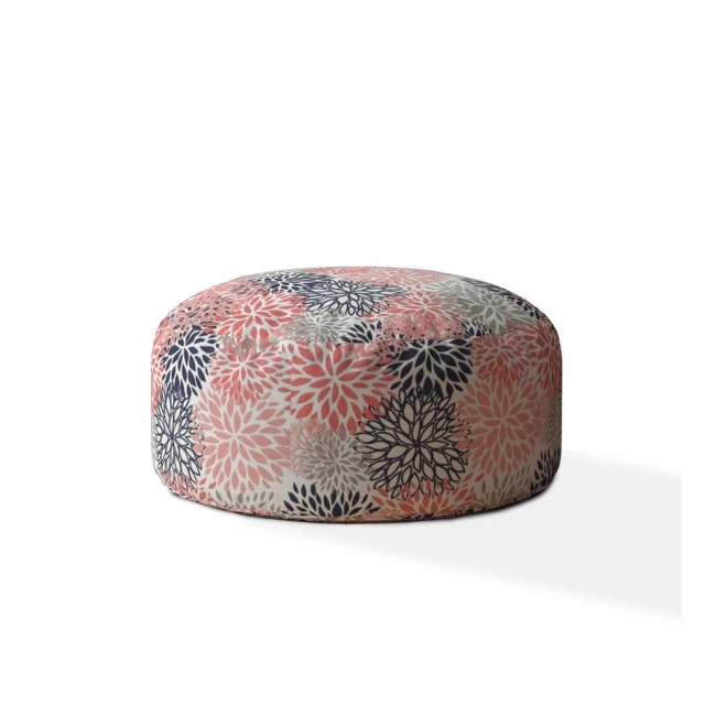 Coral polyester round floral pouf cover with artistic peach tints and creative design elements